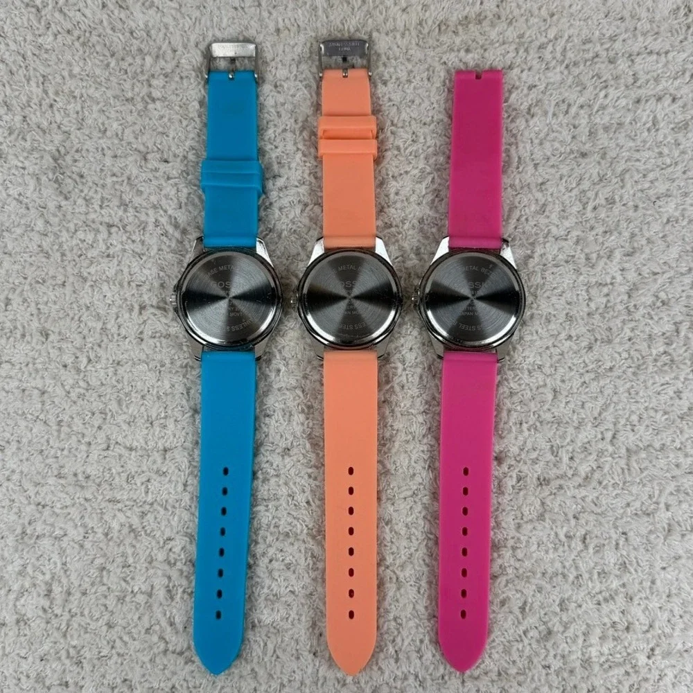 Gossip Women Quartz Watch Set 3 Piece Silicone Strap Blue Pink Orange Bundle